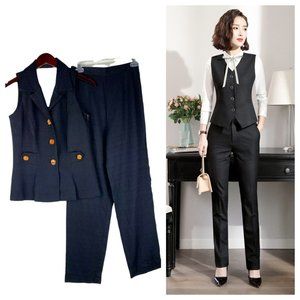 New Virgo 6 Medium Vest Pant Suit 2 pc. Black Career Work CHIC